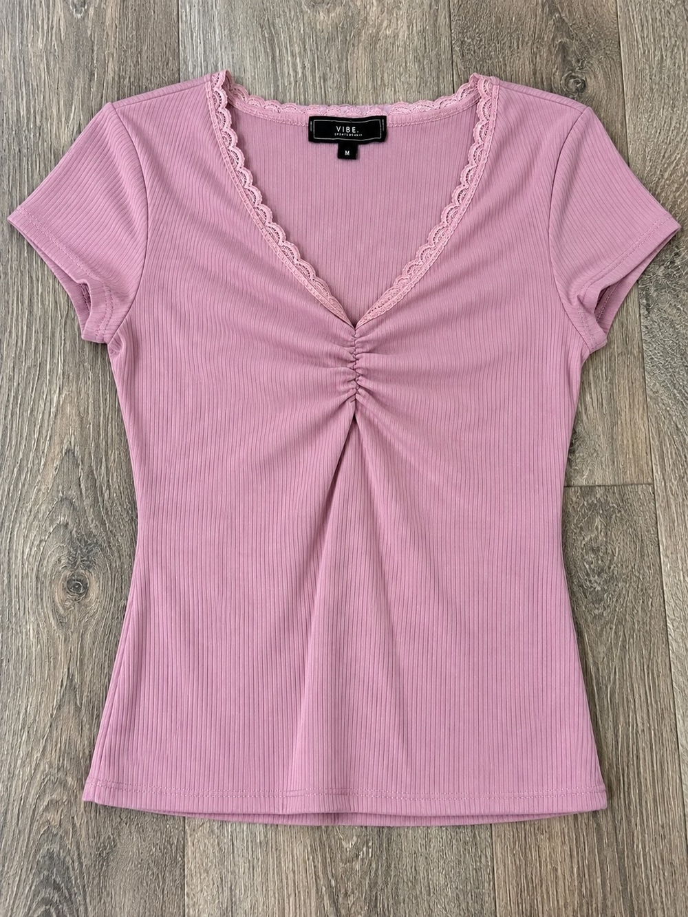 Vibe Dusty Pink Ribbed Lace-Trim V-Neck Tee